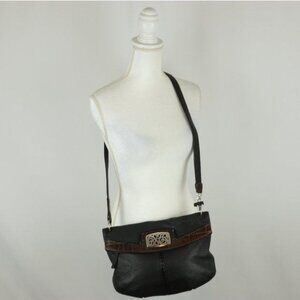 Brighton Women's Black Brown Embossed Leather Fold Over Crossbody Bag